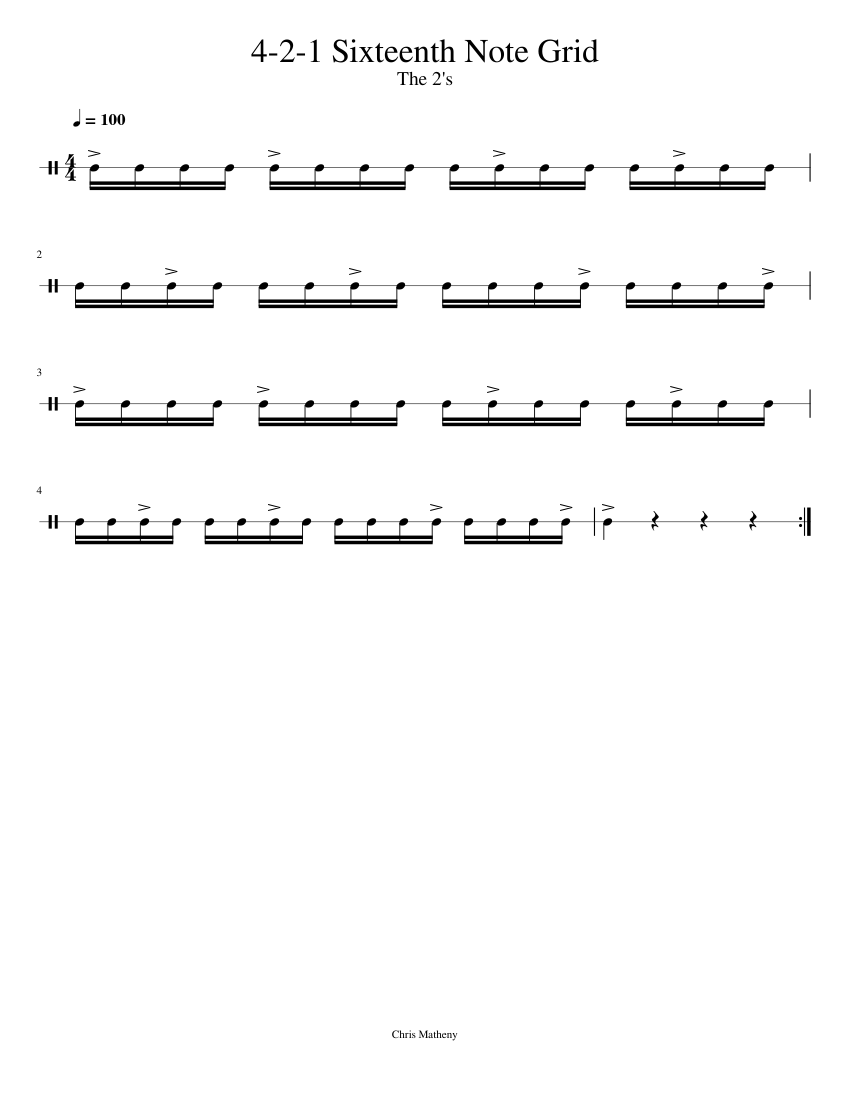 16th Note Grid 2s Sheet Music For Snare Drum Solo 