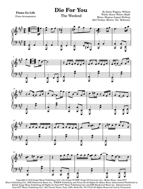 Die For You (Arr. Piano Go Life) - The Weeknd (Piano Solo)