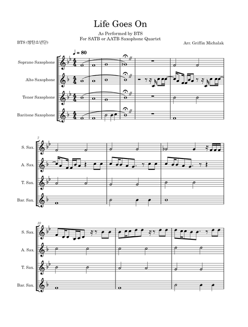 Life Goes On – BTS (방탄소년단) for SATB Saxophone Quartet
