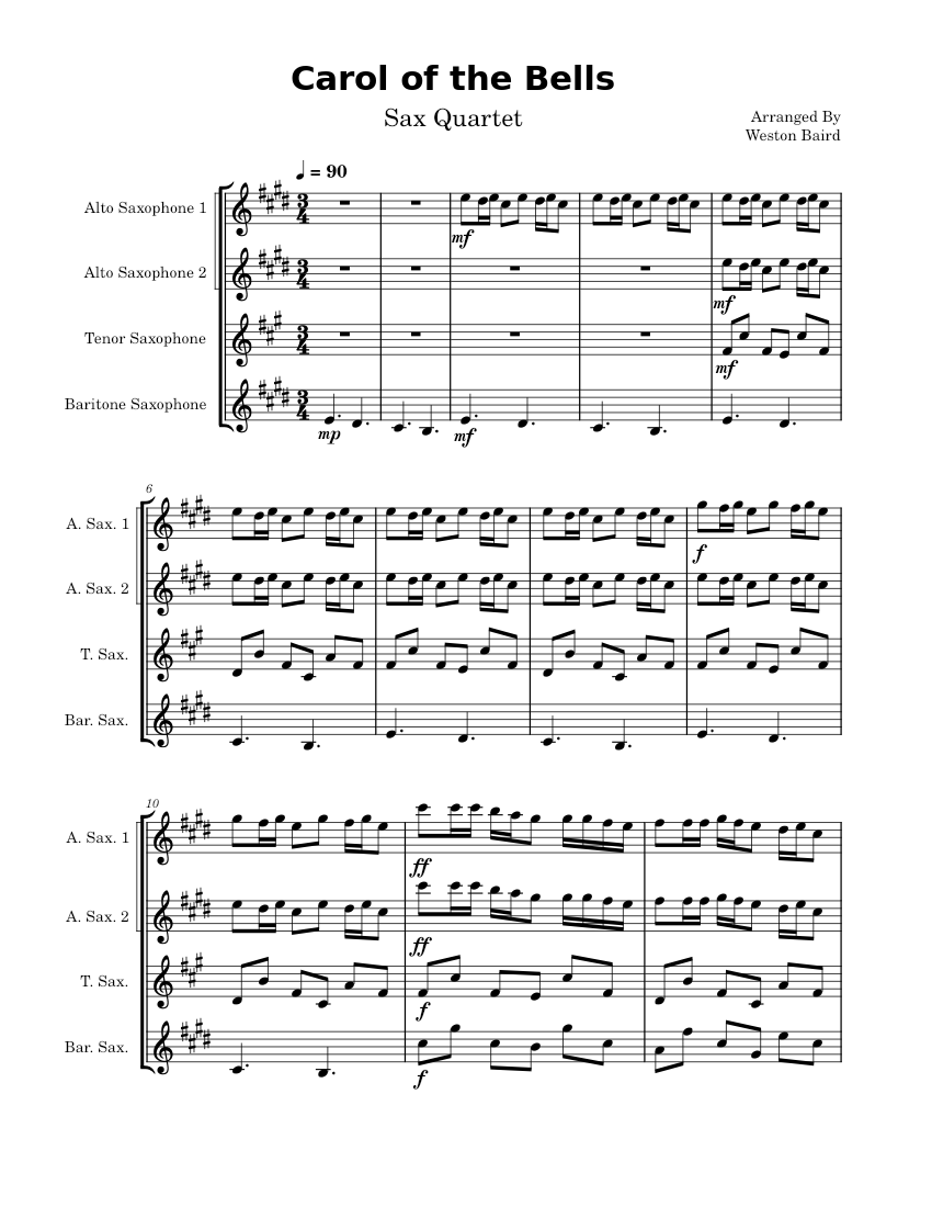 Carol of the Bells – Mykola Leontovych for Sax Quartet Sheet Music for ...