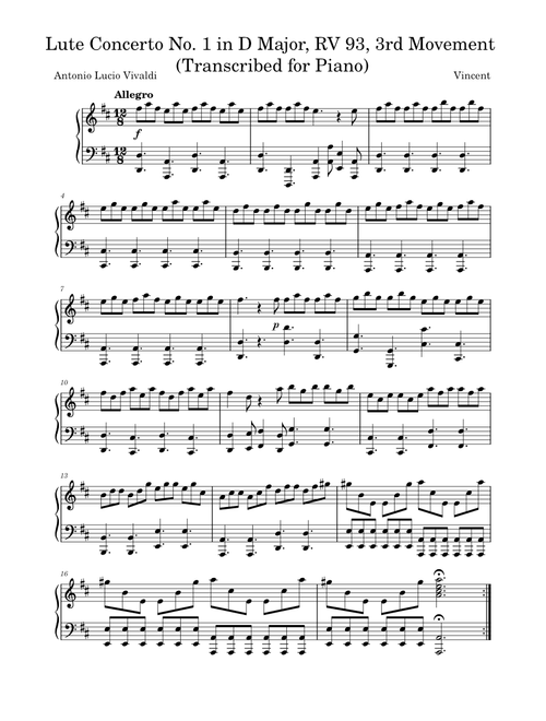 Vivaldi - Lute Concerto No. 1 in D Major, RV 93, 3rd Movement (Transcribed for Piano)