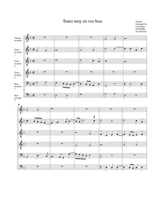 Tenez moy en voz bras (arragement for 6 recorders) (Arr. Gil Garty) - Josquin Des Prez (Recorder Ensemble)