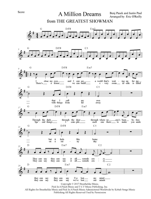A Million Dreams (Arr. Eric O'Reilly) - Pink (Piano Chords-Lyrics)