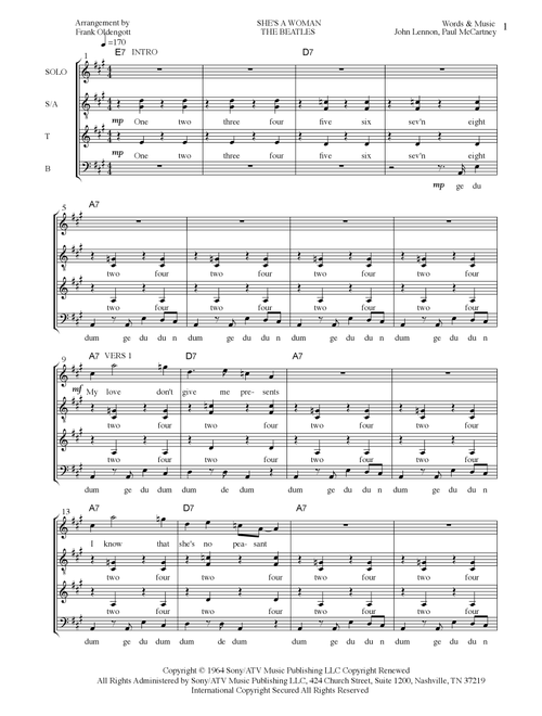 She's A Woman (Arr. Frank Oldengott) - The Beatles (Choral, SATB)