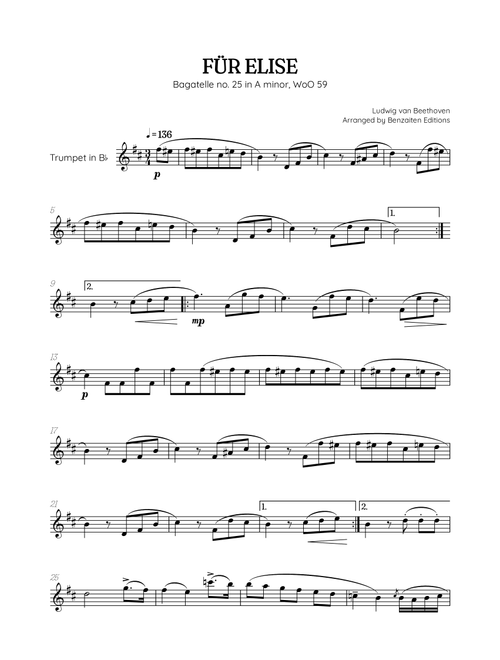 Beethoven • Für Elise / Pour Elise • trumpet sheet music (Arr. Benzaiten Editions) - Ludwig Van Beethoven (Trumpet Solo)