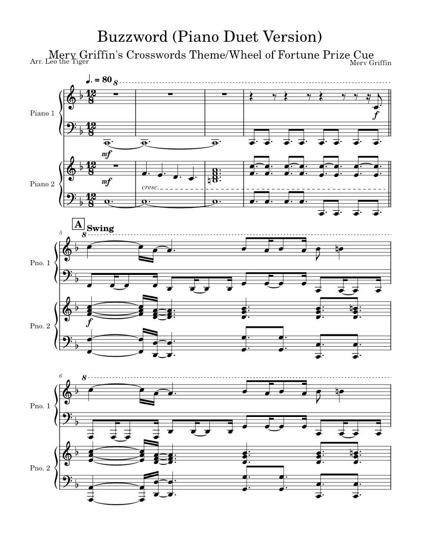 Piano Duet Buzzword (Merv Griffin's Crosswords Theme) Merv Griffin Sheet music for Piano