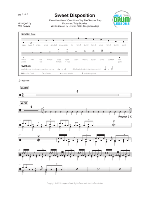 Sweet Disposition (Arr. Will Beavis) - The Temper Trap (Drums)