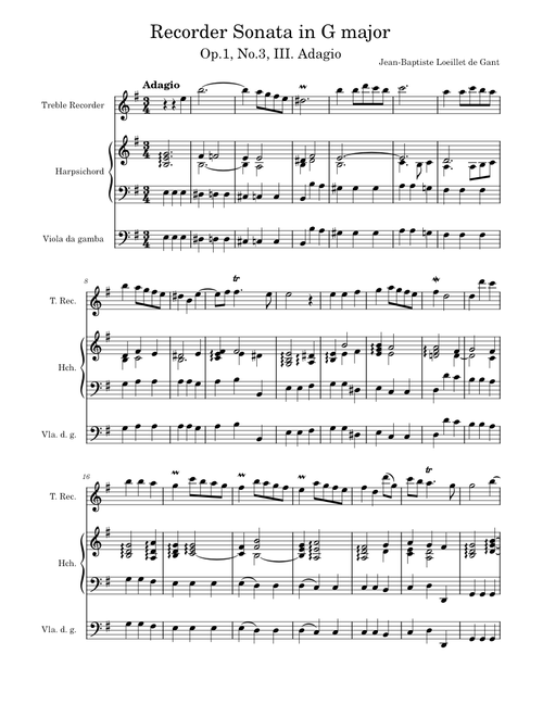 Recorder Sonata in G major: Op.1, No. 3, III.Adagio - Jean-Baptiste Loeillet de Gant