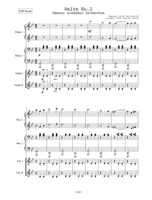 Waltz No.2 Dmitri Shostakovich - Piano & Strings (Arr. Faraz Khosravi Danesh) (Small Ensemble)