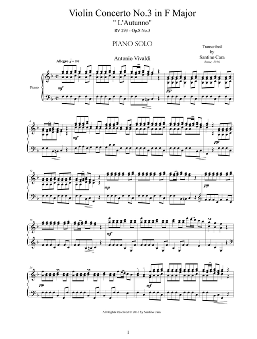 Vivaldi - Violin Concerto No.3 in F Major 'L'autunno', RV 293 - Piano solo (Arr. Santino Cara) - Vivaldi Antonio (Piano Solo)
