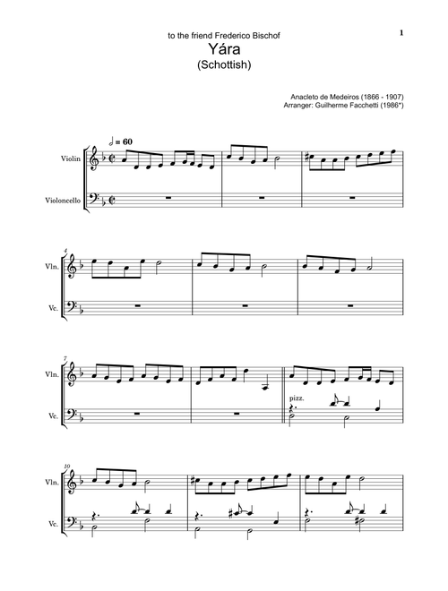 Anacleto de Medeiros - Yára. Arrangement for Violin and Cello. Complete Score and Separated Parts (Arr. Guilherme Facchetti) (Instrumental Duet)