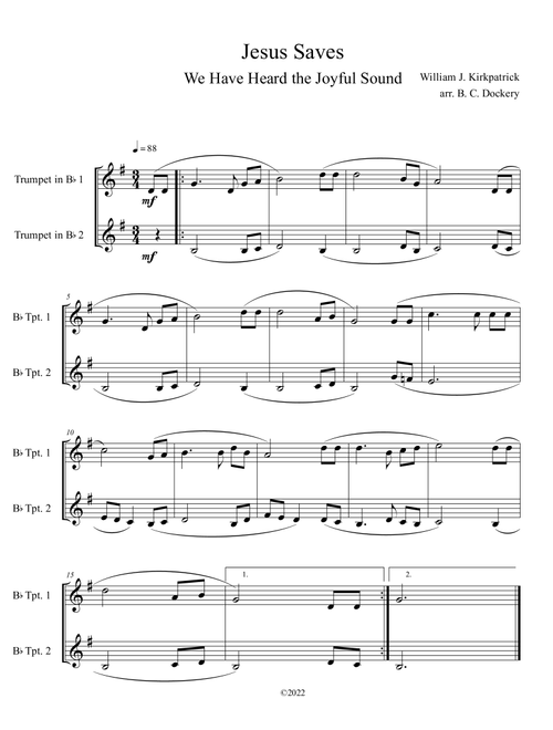 Jesus Saves (We Have Heard the Joyful Sound) Trumpet Duet (Arr. B. C. Dockery) - William J Kirkpatrick (Trumpet Duet)