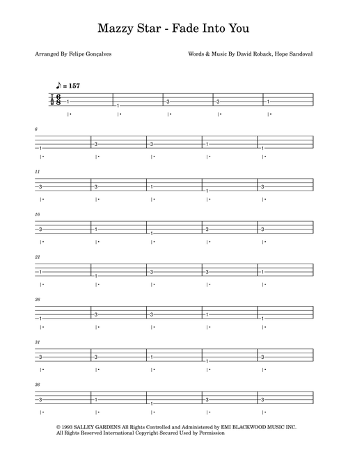 Fade Into You (Arr. The Ninja) - Hope Sandoval, David Roback (Bass Tab)