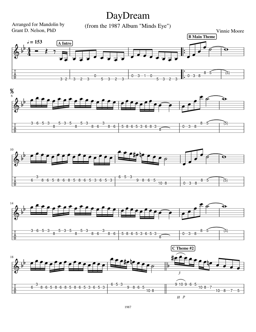 Vinnie Moore / MIND’S EYE スコア、ギタータブ譜 DayDream Vinnie Moore Sheet Music and Tab with Chords for Mandolin