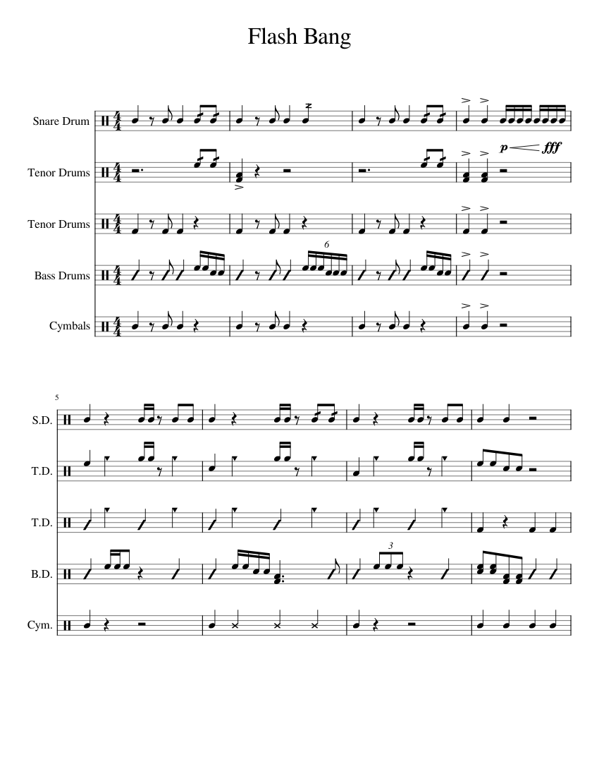 Flash Bang Sheet Music for Snare drum, Crash, Tenor drum, Bass drum ...