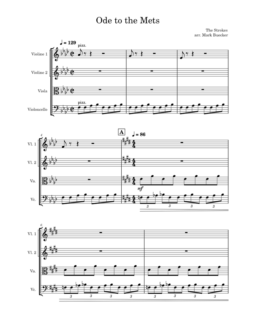 Ode to the Mets The Strokes Sheet music for Violin, Viola, Cello (String Quartet)