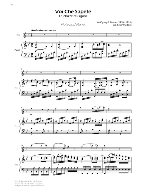 Voi Che Sapete from Le Nozze di Figaro - Flute and Piano (Full Score) (Arr. César Madeira) - Wolfgang Amadeus Mozart (Flute and Piano)