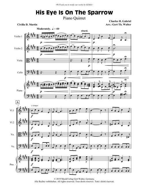 His Eye Is On The Sparrow (Arr. Gert Th. Walter) - Charles H Gabriel (Small Ensemble)