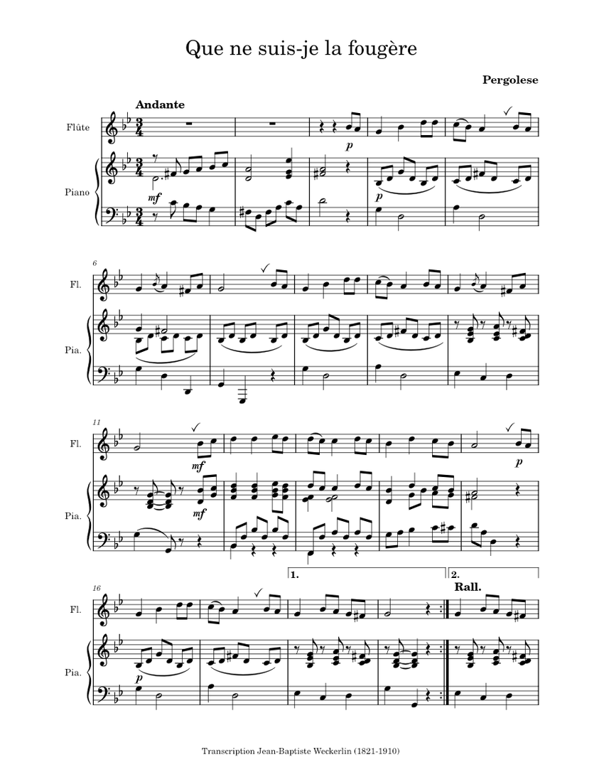Que ne suis-je la fougère – Pergolèse Sheet music for Piano, Flute ...