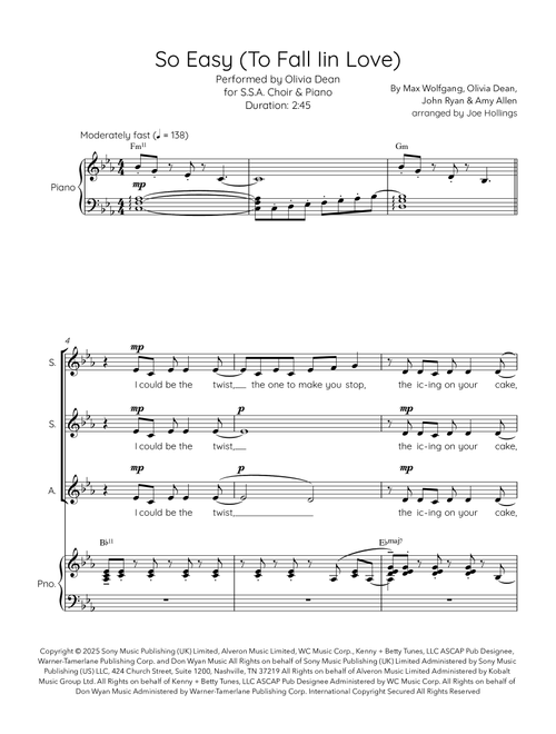 So Easy (To Fall In Love) (Arr. Joseph Hollings) - Olivia Dean (Choral, SSA)