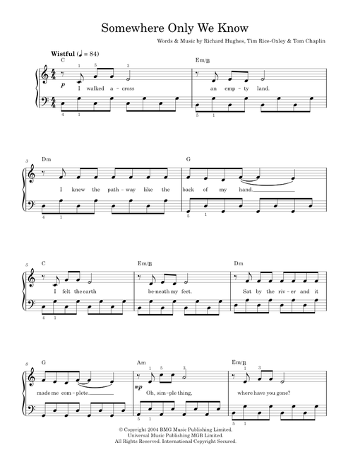 Somewhere Only We Know - Keane, Lily Allen (Easy Piano)