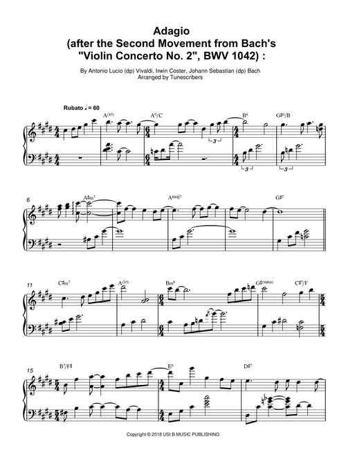 Adagio (after the Second Movement from Bach's "Violin Concerto No. 2", BWV 1042) : (Arr. Tunescribers) - Antonio Lucio (dp) Vivaldi, Irwin Coster, Johann Sebastian (dp) Bach (Piano Solo)