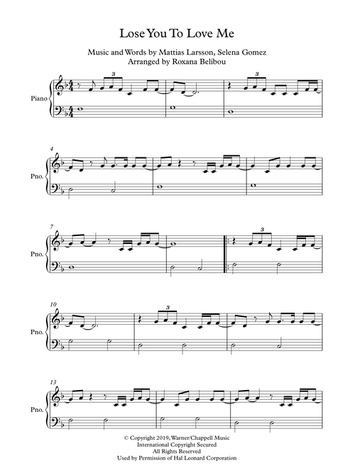 Lose You To Love Me (Arr. Roxana Belibou) - Selena Gomez (Easy Piano)