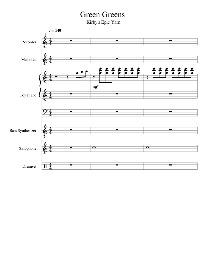 Green Greens ~ Kirby's Epic Yarn (WIP) Sheet music for Piano, Bass guitar,  Drum group, Xylophone & more instruments (Piano Sextet) 