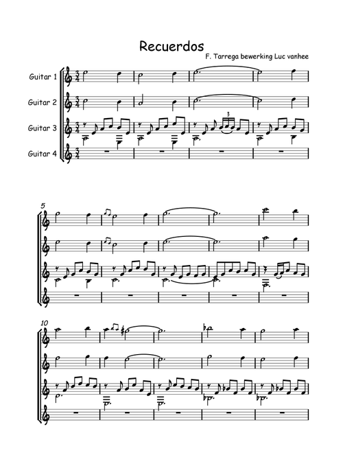 Recuerdos de la Alhambra ( Guitar Quartet ) (Arr. Luc Vanhee) - Francisco Tarrega (Small Ensemble)