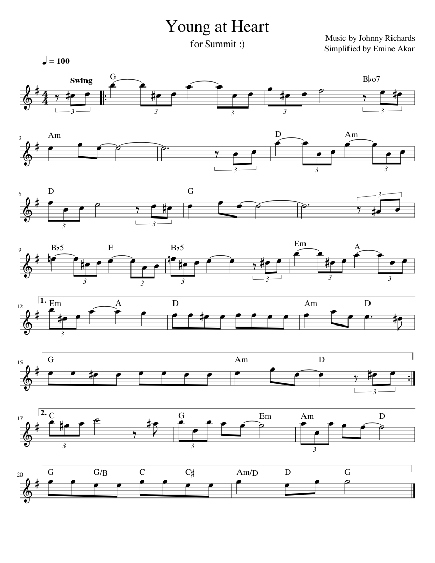 Young at Heart Sheet Music with Chords for Piano (Solo) Easy
