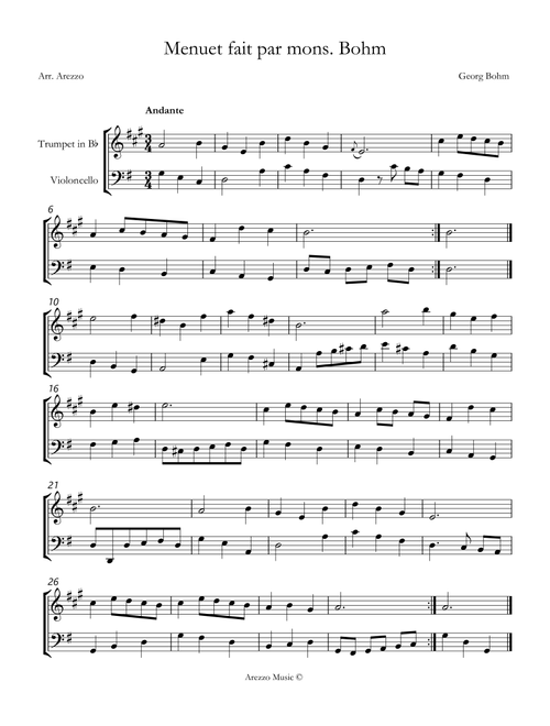 menuet fait par mons bohm Trumpet and Cello sheet music (Arr. Arezzo Music) - J S Bach (Instrumental Duet)