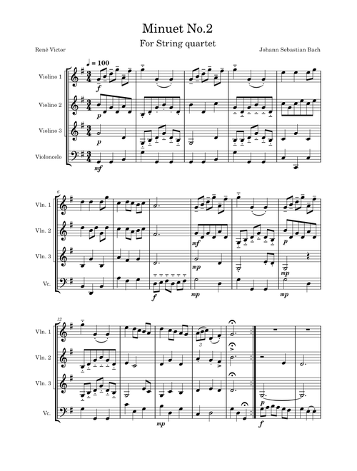Bach - Minuet No.2, for Three violins and one cello