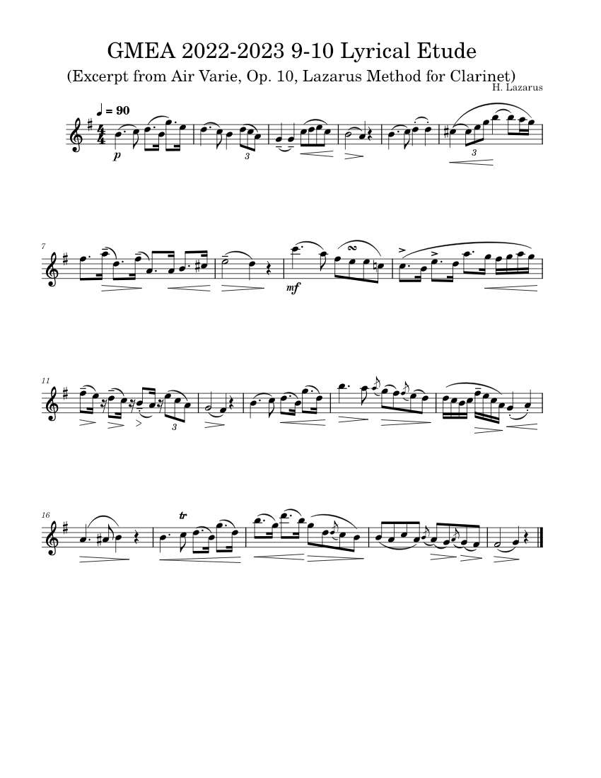 GMEA 2022-2023 9-10 Lyrical Etude Sheet Music For Clarinet In B-flat ...