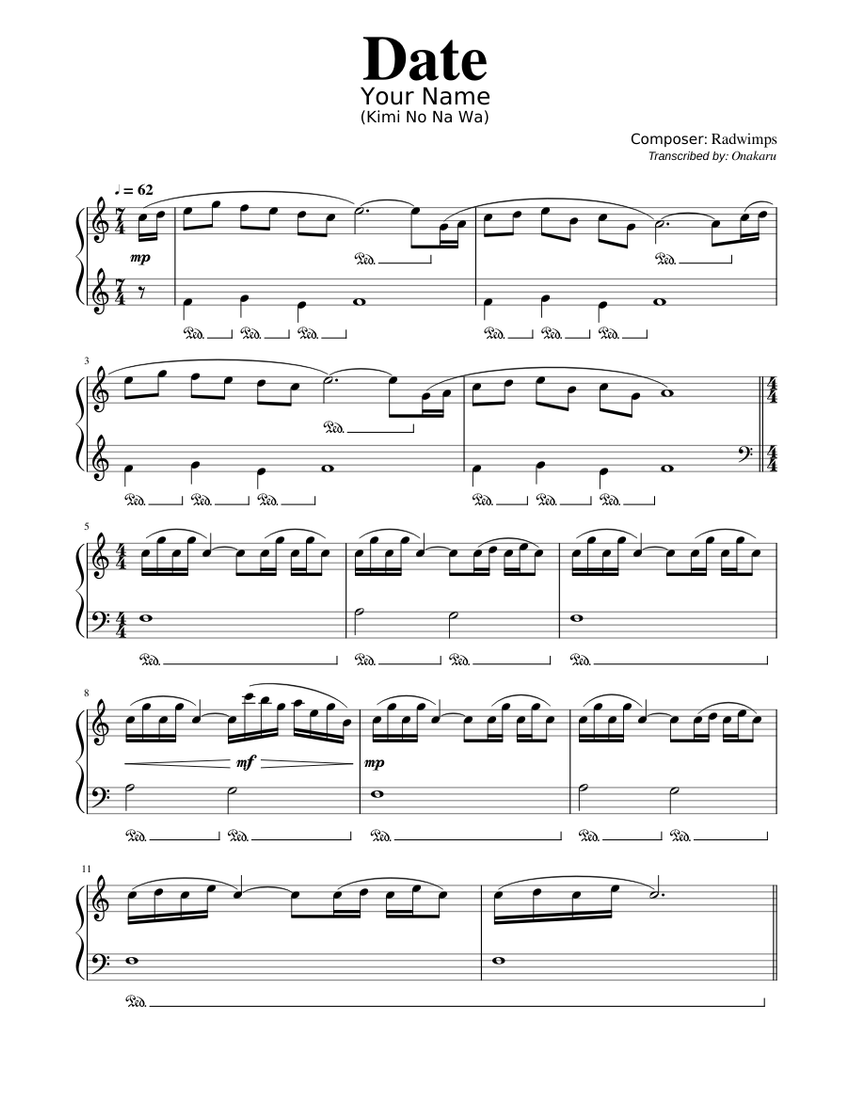 Date Your Name (Kimi No Na Wa) [Radwimps] (Transcribed by Onakaru