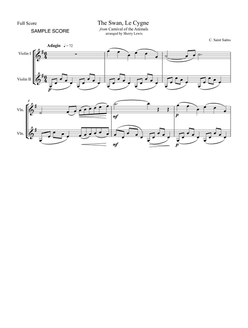 THE SWAN from CARNIVAL OF THE ANIMALS DUET FOR 2 VIOLINS, Intermediate Level (Arr. Sherry Lewis) - Camille Saint SaÃ«ns (Violin Duet)