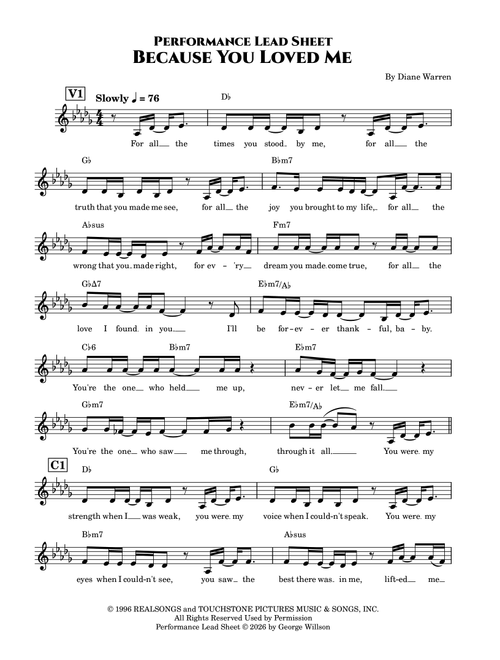 Because You Loved Me (Arr. George Willson) - Celine Dion (Lead Sheet - Fake Book)