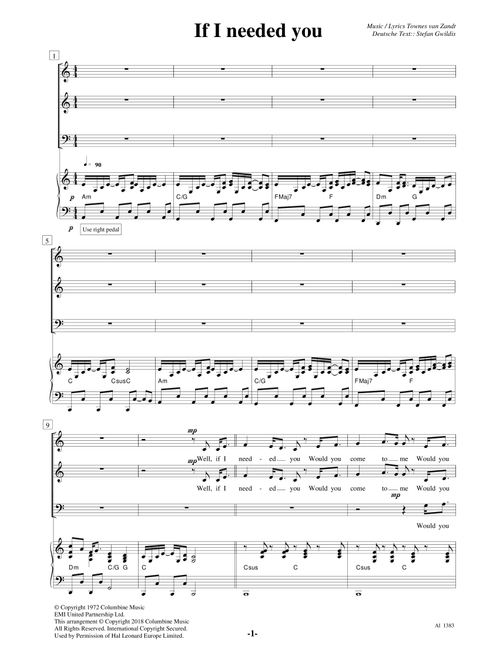 If I Needed You (Arr. Jetse Bremer) - Townes Van Zandt (Choral, SAB)