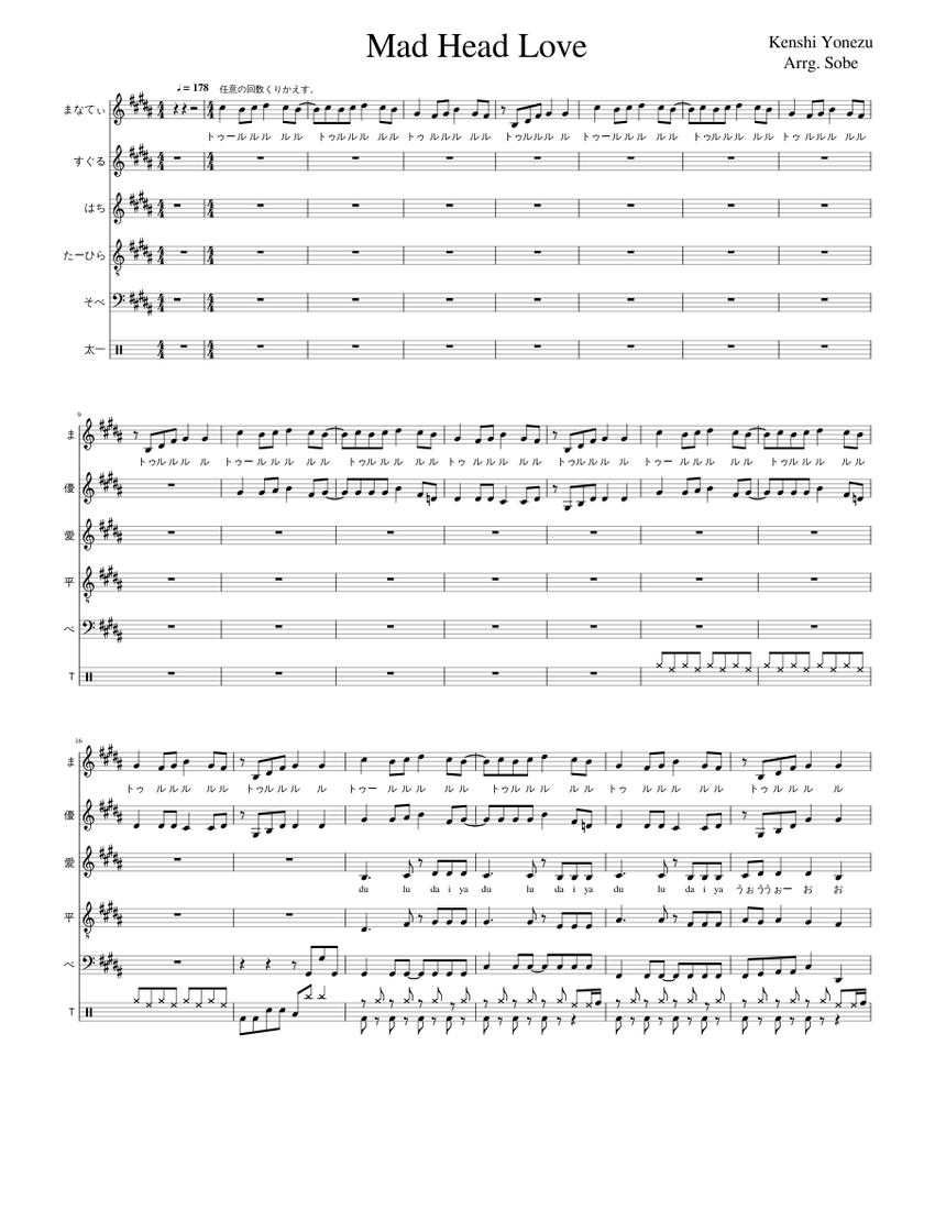 Mad Head Love 5声+ボイパ Sheet music for Piano, Bass guitar, Drum group (Mixed  Ensemble) | Musescore.com