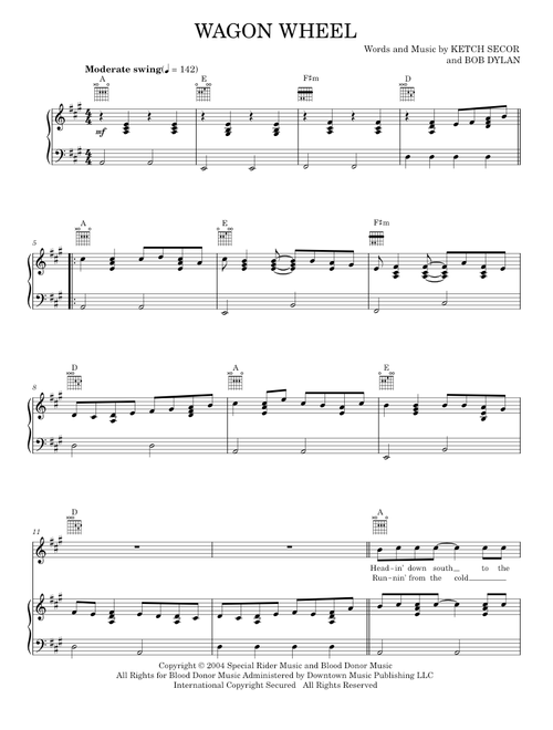 Wagon Wheel - Darius Rucker, Old Crow Medicine Show (Piano-Vocal-Guitar)