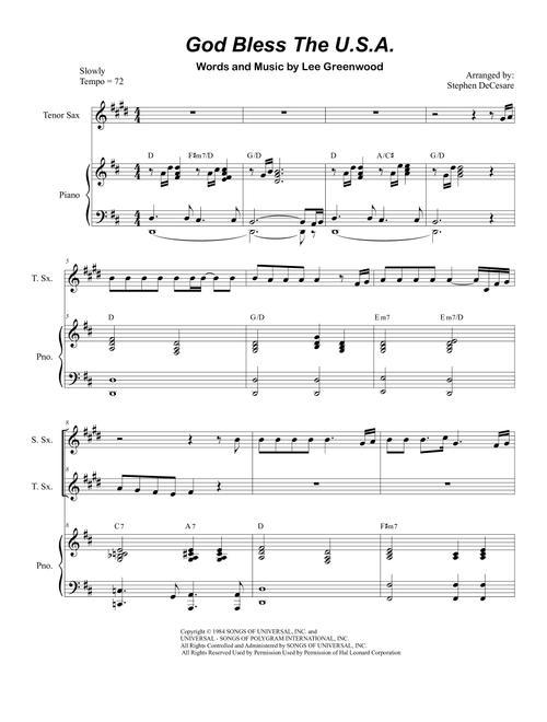 God Bless The U.S.A. (Arr. Stephen DeCesare) - Lee Greenwood (Instrumental Duet and Piano)