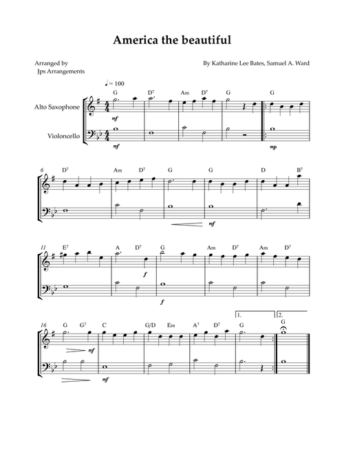 America the beautiful - duet for Alto Sax and Cello (+ CHORDS) (Arr. Jps Arrangements) - Samuel Ward (Instrumental Duet)