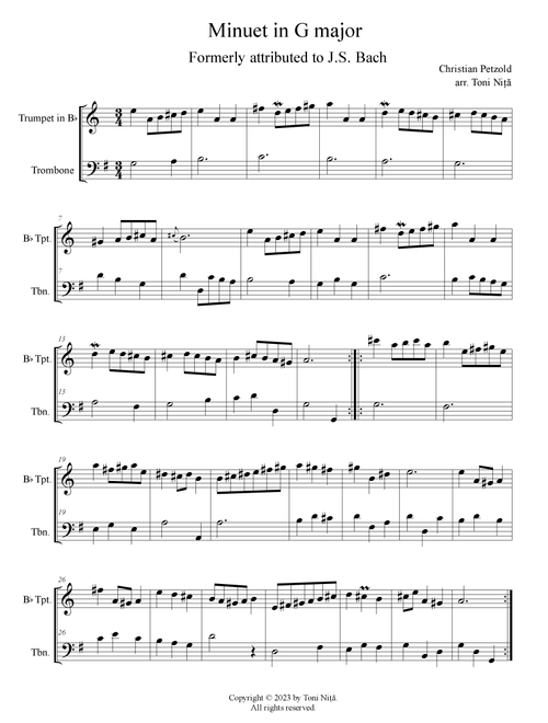 Minuet in G major, BWV Anh.114 (Petzold, Christian) for Trumpet in Bb & Trombone (Arr. Toni Nita) - Christian Petzold (Instrumental Duet)