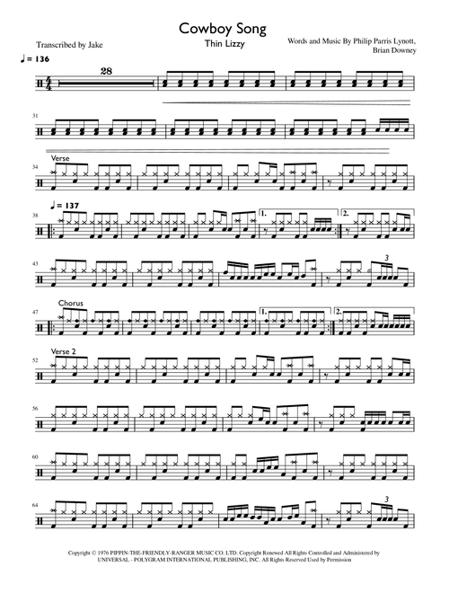 Cowboy Song (Arr. Jake) - Thin Lizzy (Drums)