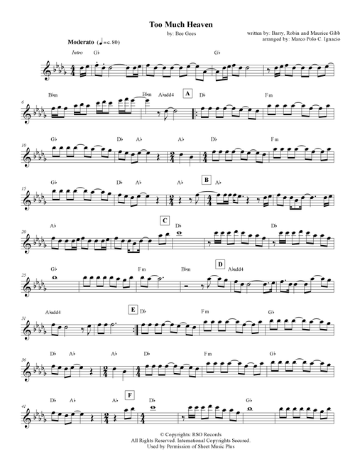 Too Much Heaven (Arr. Marco Polo C. Ignacio) - Bee Gees (Lead Sheet - Fake Book)