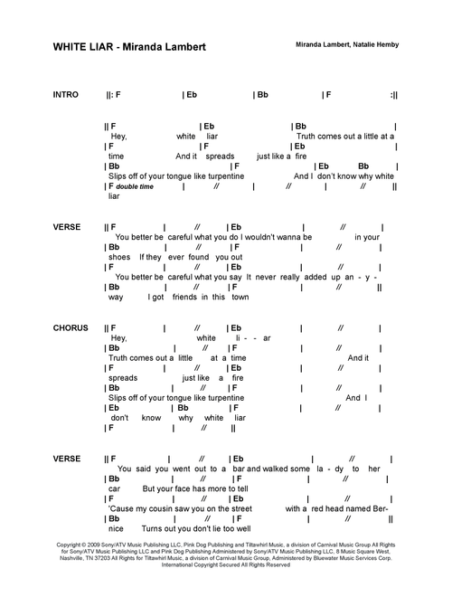 White Liar (Arr. Bronson Ferdinand Wright) - Miranda Lambert (Guitar Chords-Lyrics)