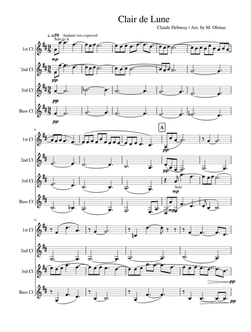 Clair de Lune (Claude Debussy) for Clarinet Quartet