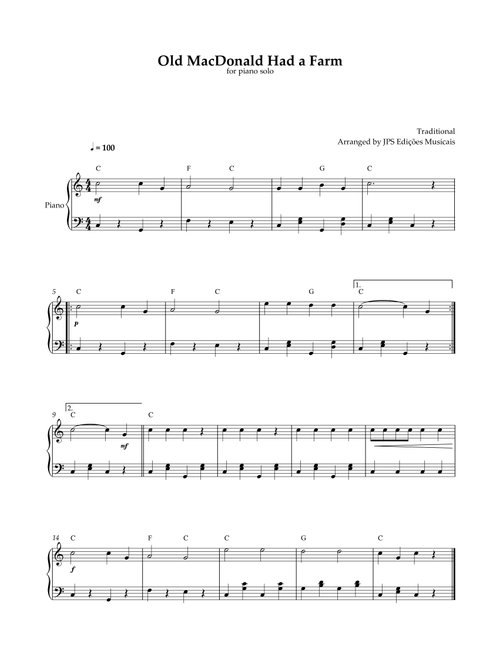 Old MacDonald Had A Farm - Easy Piano Solo with Chords in C Major (Arr. JPS Edições Musicais) - Thomas D'Urfey (Piano Solo)