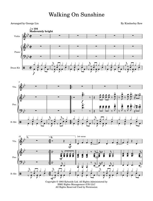 Walking On Sunshine (Arr. George Lin) - Katrina And The Waves (Violin and Piano)