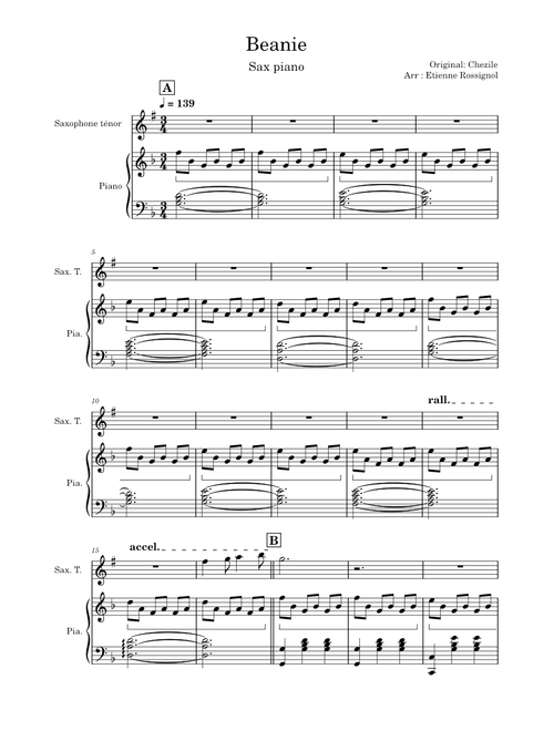 Beanie – chezile Piano Saxophone Arrangement PLEASE USE CUSTOM AUDIO