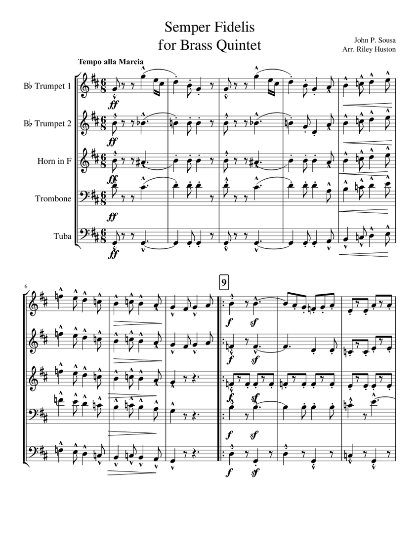Semper Fidelis For Brass Quintet Sheet Music For Trombone Tuba